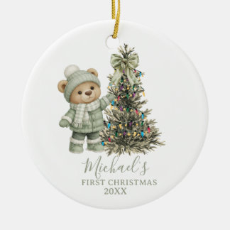 Dusty Green Sage Baby Bear First Christmas Ceramic Ornament
