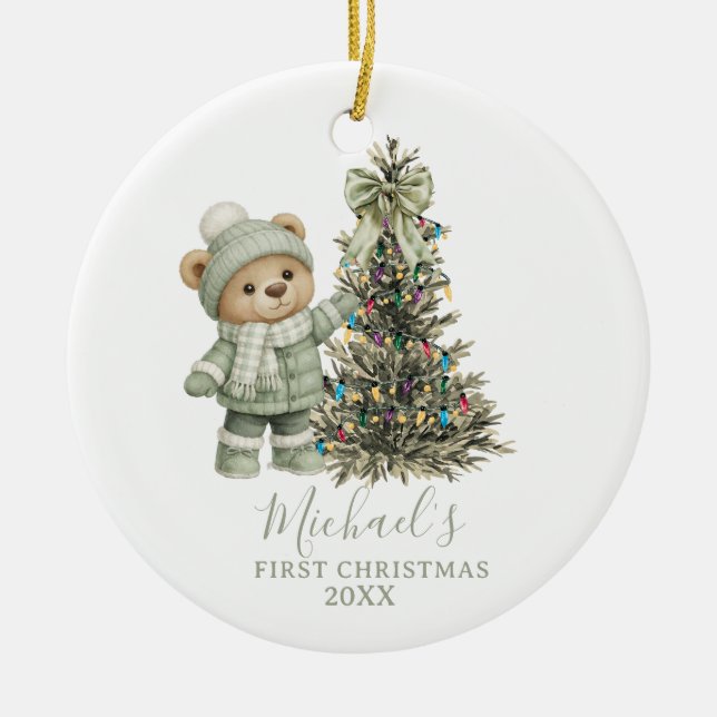 Dusty Green Sage Baby Bear First Christmas Ceramic Ornament (Front)
