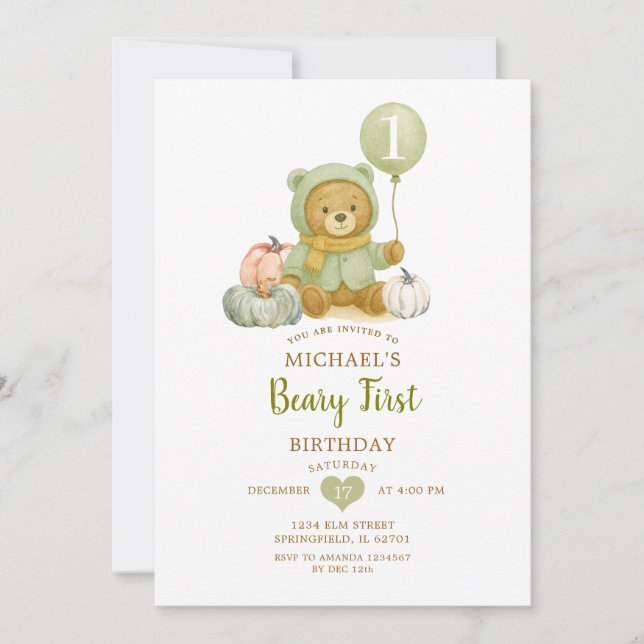 Dusty Green Sage Fall Beary First Birthday  Invitation (Front)