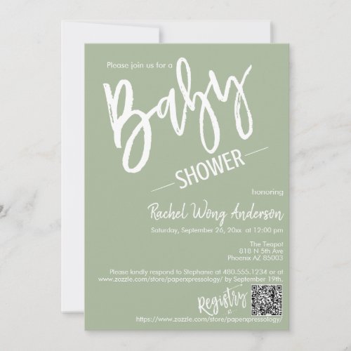 Dusty Green Script Baby Shower QR Code Photo Invitation