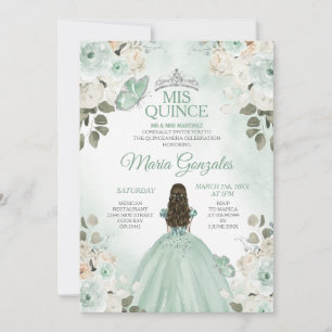Dusty Green & Silver Mis Quince Floral Quinceañera Invitation