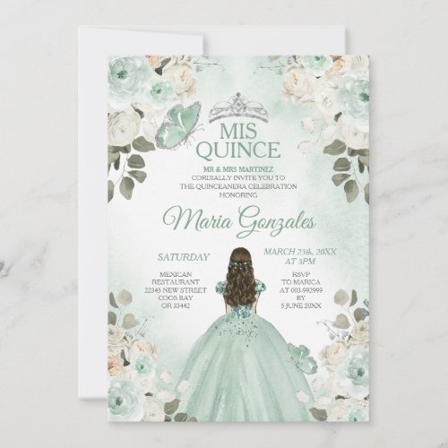Dusty Green  Silver Mis Quince Floral Quinceaera Invitation