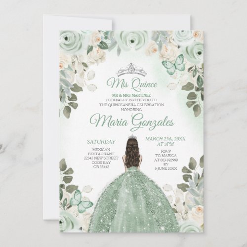 Dusty Green  Silver Mis Quince Floral Quinceaera Invitation
