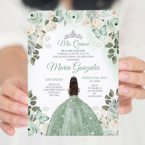 Dusty Green  Silver Mis Quince Floral Quinceaera Invitation