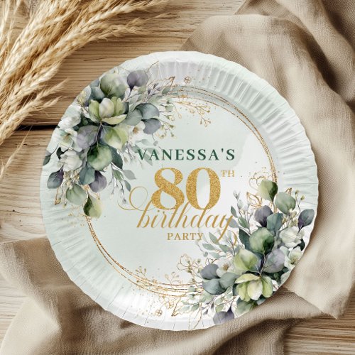 Dusty Green Watercolor 80th Birthday Botanical Paper Plates