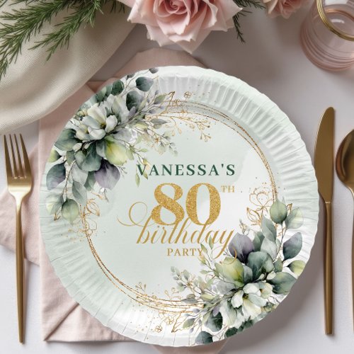 Dusty Green Watercolor Botanical 80th Birthday Paper Plates
