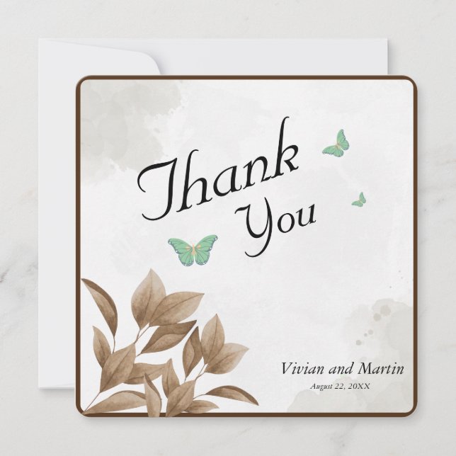 Dusty Green Watercolor & Butterfly Thank You Card  (Front)