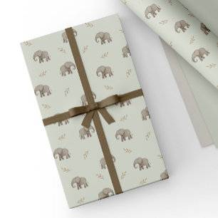 Dusty Green Watercolor Elephants Safari Pattern Wrapping Paper