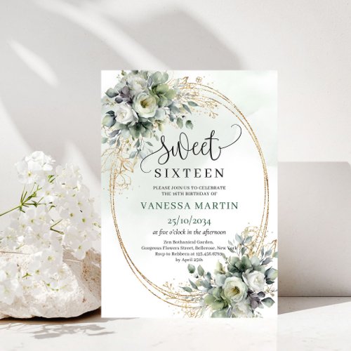 Dusty Green Watercolor Sweet Sixteen Invitation