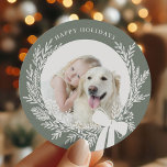 Dusty Green & White Christmas Wreath Photo Classic Round Sticker<br><div class="desc">Holiday photo sticker with a simple Christmas wreath. For more advanced customization of this design,  please click the DESIGN TOOL BUTTON above!</div>