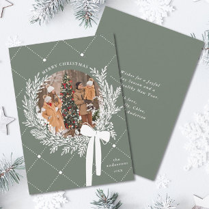 Dusty Green & White Christmas Wreath Photo Holiday Card