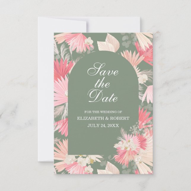 Dusty Green White Orchid Save The Date Card (Front)