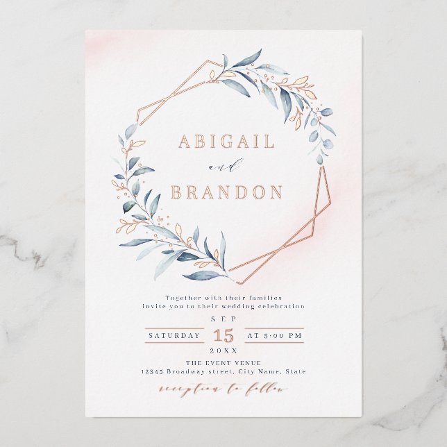Dusty Greenery Rose Gold Geometric Rustic Wedding Foil Invitation (Front)