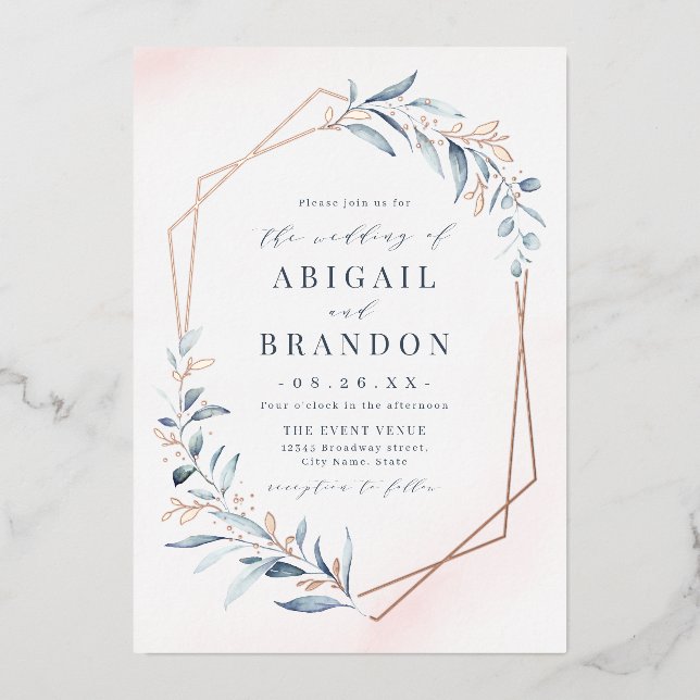Dusty Greenery Rose Gold Geometric Rustic Wedding Foil Invitation (Front)