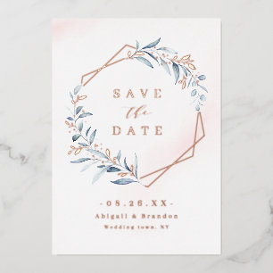 Dusty Greenery Rose Gold Geometric Save the date Foil Invitation