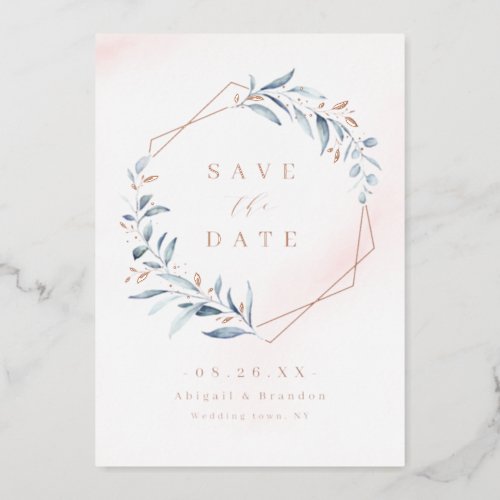 Dusty Greenery Rose Gold Geometric Save the date Foil Invitation