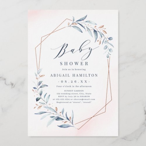 Dusty Greenery Rose Gold Rustic Baby Shower Foil Invitation