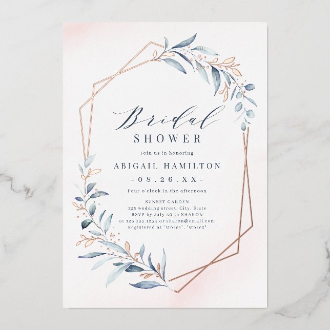 Dusty Greenery Rose Gold Rustic Bridal Shower Foil Invitation (Front)