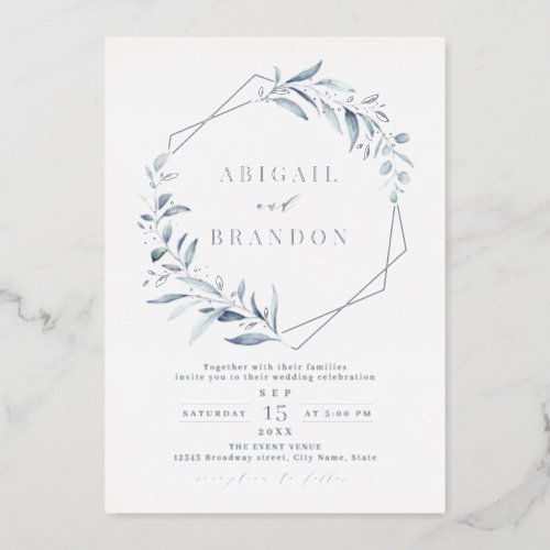 Dusty Greenery Silver Geometric Rustic Wedding Foil Invitation