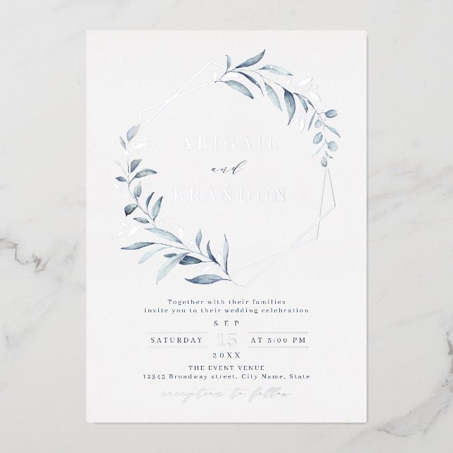 Dusty Greenery Silver Geometric Rustic Wedding Foil Invitation (Front)