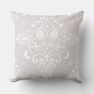 Dusty Grey Rose Bohemian Celestial Damask Pattern Throw Pillow