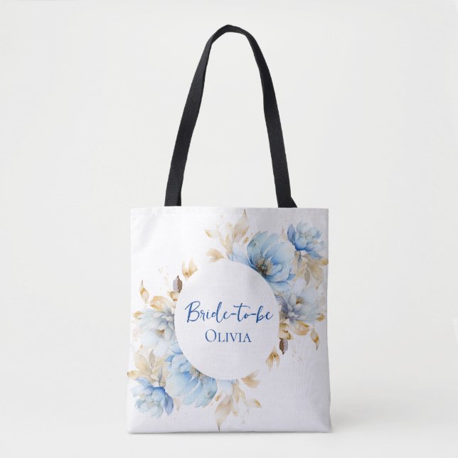 Dusty Ice Blue Floral Wedding Tote Bag (Front)