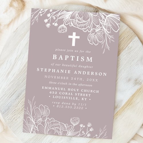 Dusty Lavender And White Floral Baptism Invitation