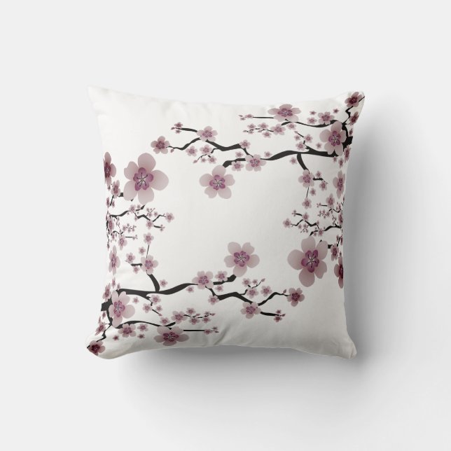 Dusty Lavender and White Japanese Cherry Blossom Throw Pillow (Front)