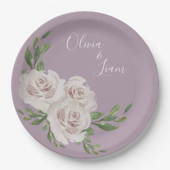 Dusty Lavender Floral Elegant Script Wedding Paper Plates (Front)