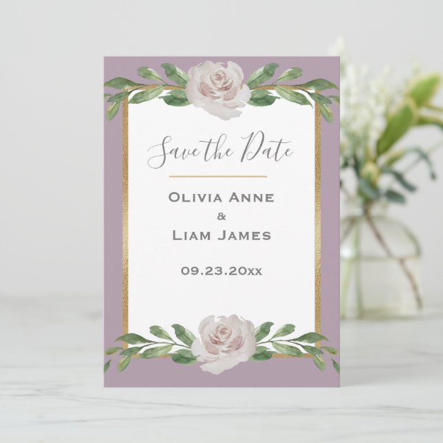 Dusty Lavender Floral Elegant Script Wedding Save The Date (Standing Front)