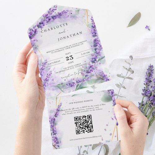 Dusty Lavender Foliage Modern QR Code Wedding All In One Invitation