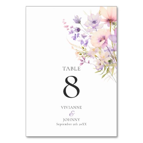 Dusty Lavender Purple Wildflowers Wedding Table Number