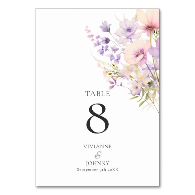 Dusty Lavender Purple Wildflowers Wedding Table Number (Front)