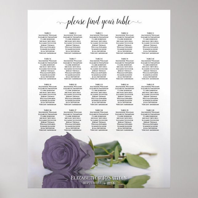 Dusty Lavender Rose 20 Table Wedding Seating Chart (Front)