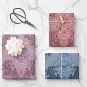 Dusty Lavender Rose Smokey Blue Elegant Damask Wrapping Paper Sheets