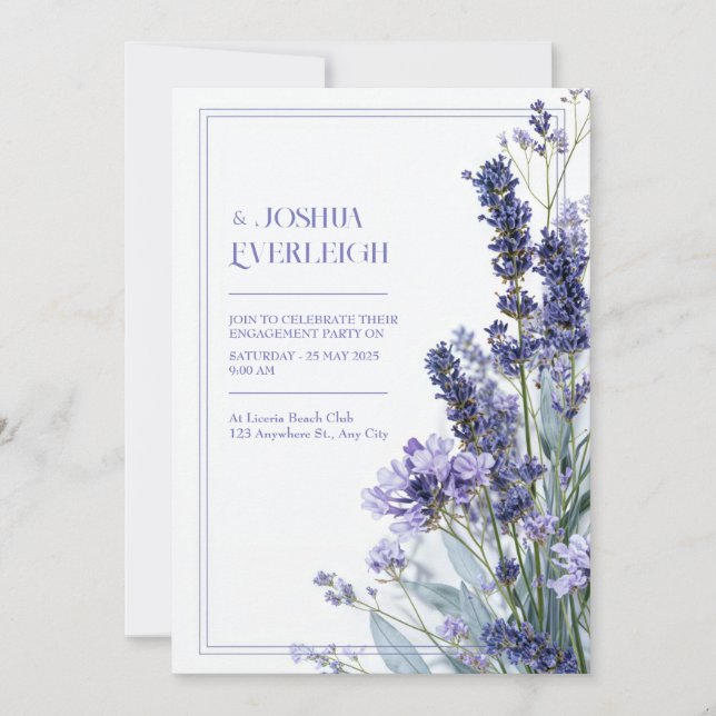 Dusty Lavender Teal Sketch Floral Frame Wedding Invitation (Front)