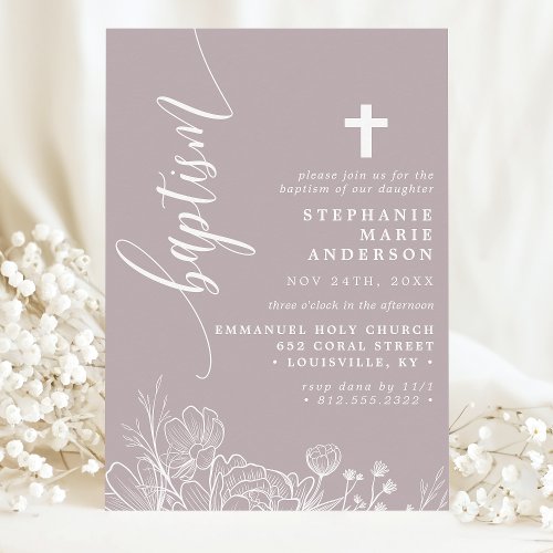 Dusty Lavender White Floral Elegant Script Baptism Invitation