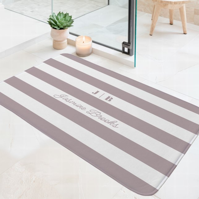 Dusty Lavender White Wide Stripes Monogram Name Bath Mat (Creator Uploaded)