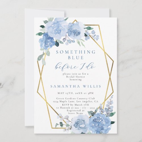 Dusty Light Blue Floral Gold Bridal Shower Invitation