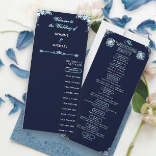 Dusty Light Blue Floral Navy Boho Wedding Program