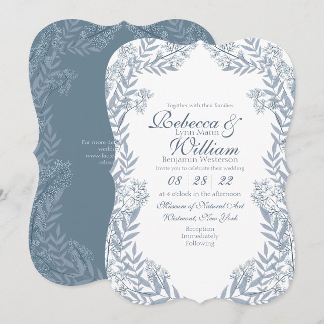 Dusty Light Blue Wedding Vintage Botanical Invitation (Front/Back)