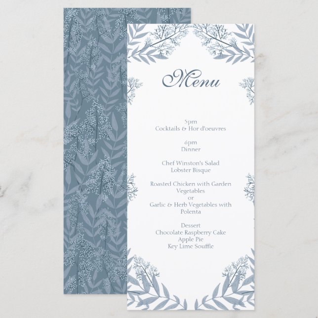 Dusty Light Blue Wedding Vintage Botanical Menu (Front/Back)