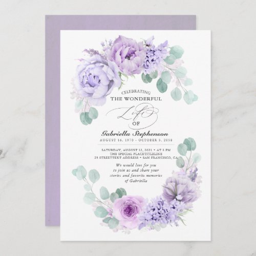 Dusty Light Purple Flowers Dreamy Elegant Funeral Invitation