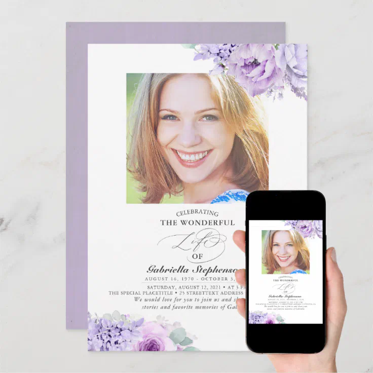 Dusty Light Purple Flowers Elegant Funeral Photo Invitation 