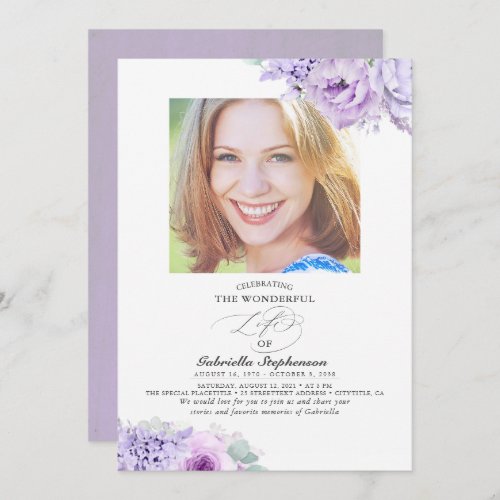 Dusty Light Purple Flowers Elegant Funeral Photo Invitation
