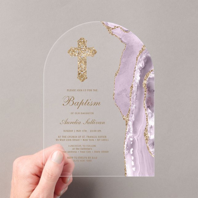 Dusty Lilac Agate Baptism Acrylic Invitations (Insitu (Handheld))