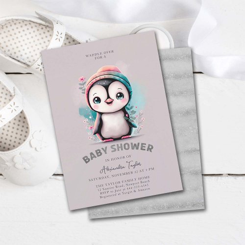 Dusty Lilac Cute Penguin Winter Girl Baby Shower Invitation