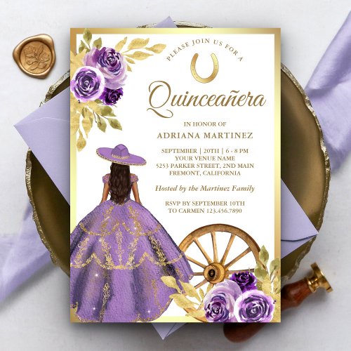 Dusty Lilac Floral Dress Charro Gold Quinceanera Invitation