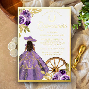 Dusty Lilac Floral Dress Charro Quinceanera Gold Foil Invitation