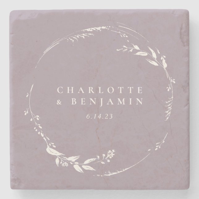 Dusty Lilac Floral Wreath Monogram Personalized   Stone Coaster (Front)